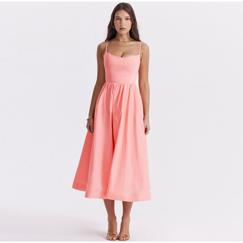 Spaghetti Strap Scoop Neck Pleated Waist A-Line Midi Dress