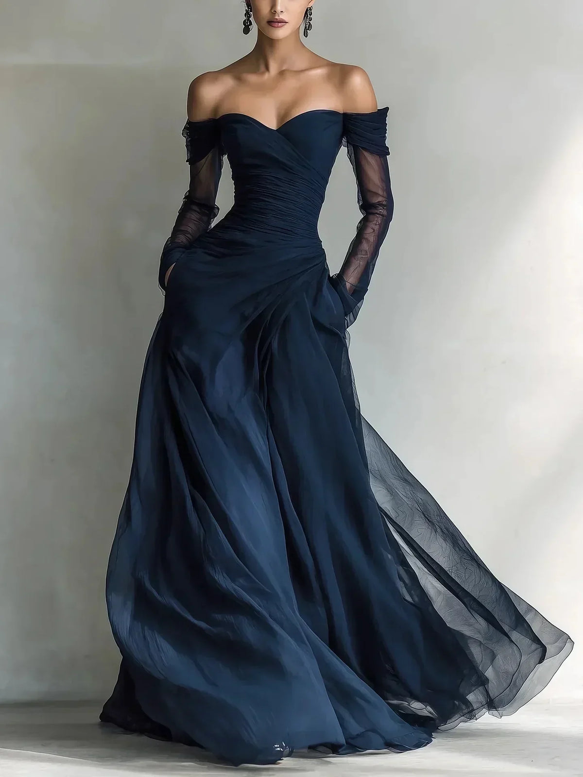 Off Shoulder Sweetheart Ruched Sheer Sleeve Maxi Gown