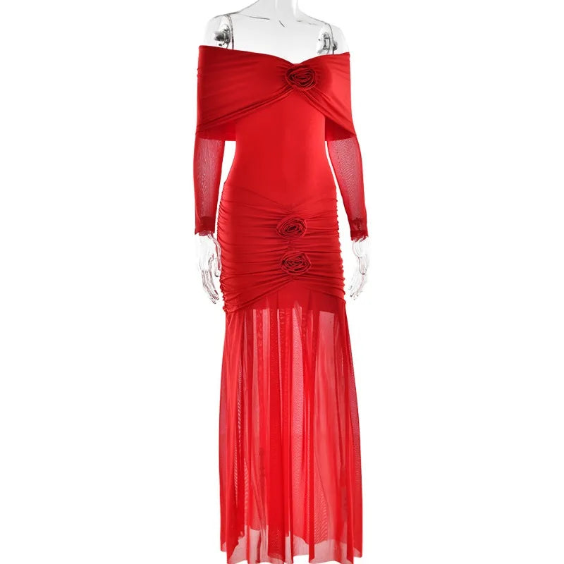 Off Shoulder Long Sleeve Rosette Mermaid Gown - View 15