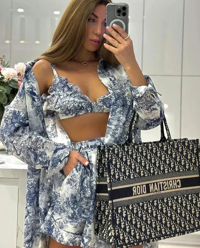 Toile Print Cami Shirt and Shorts Three Piece Set 2