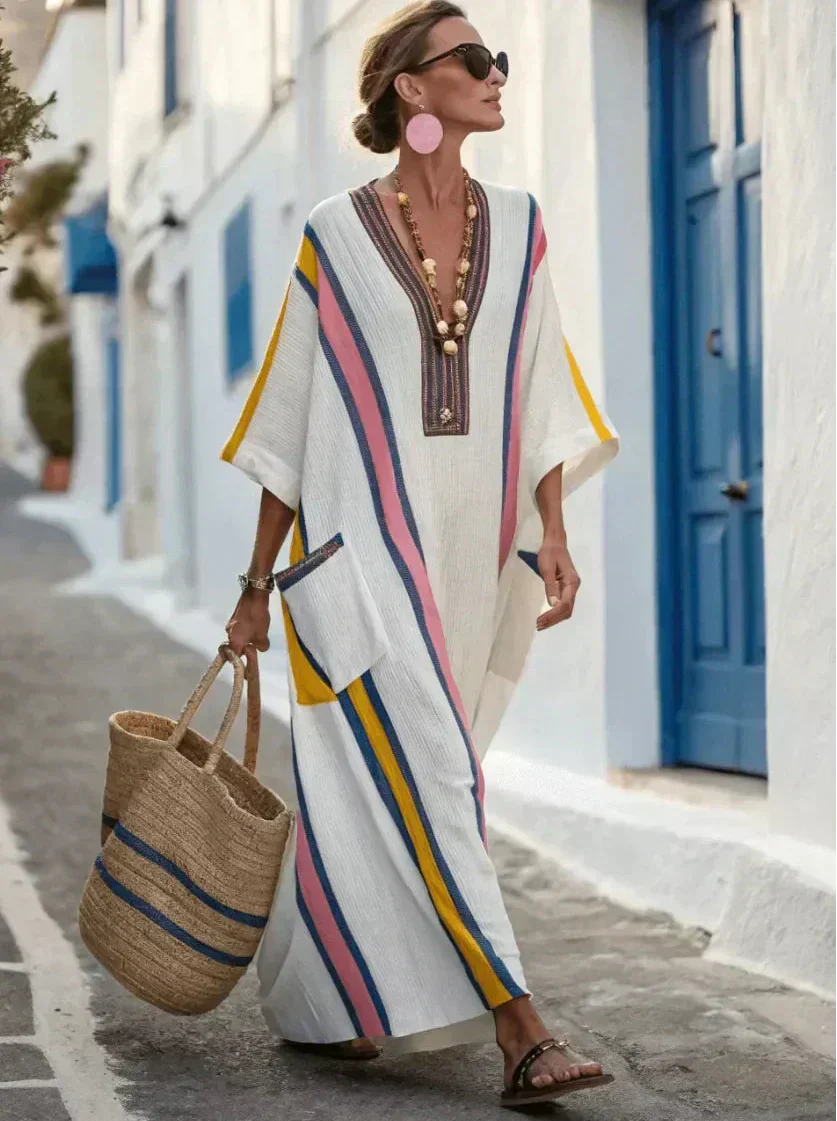 V-Neck Striped Trim Three Quarter Sleeve Beach Cover Up Kaftan 5