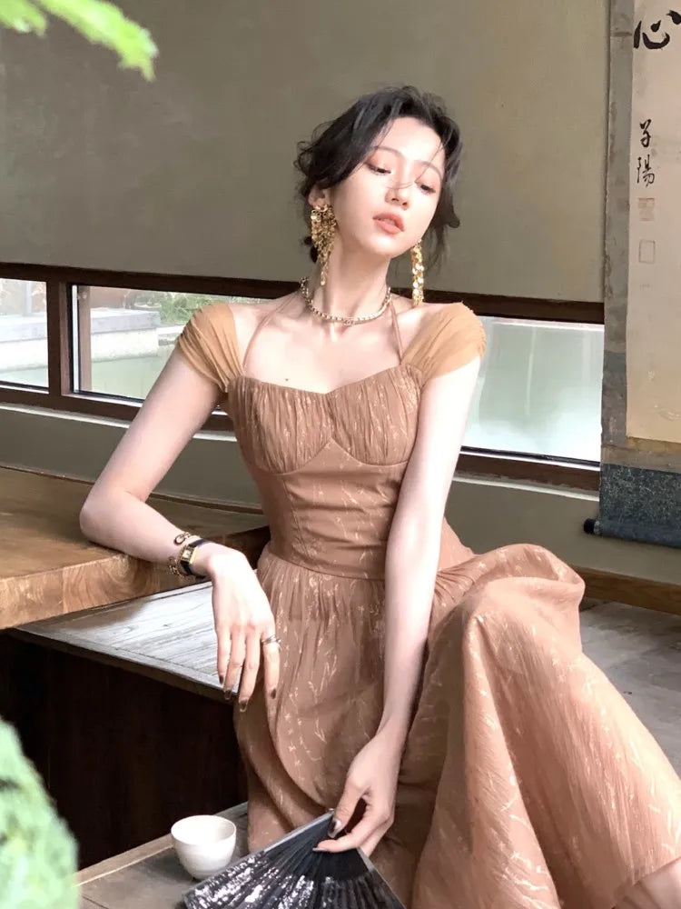 Square Neck Cap Sleeve Ruched Fit and Flare Midi Dress