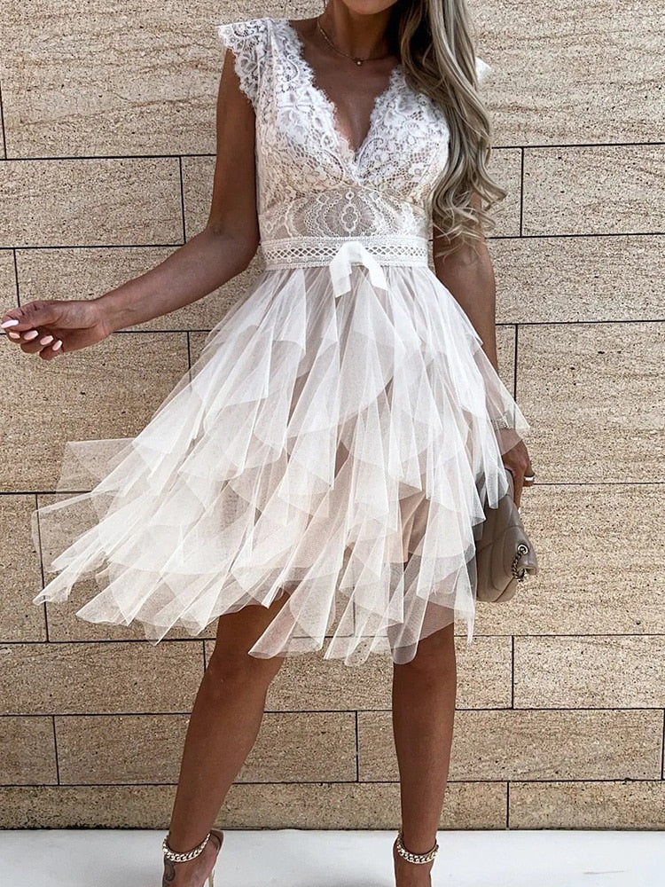 Lace Deep V-Neck Cap Sleeve Bow Waist Tiered Tulle Mini Dress - View 19