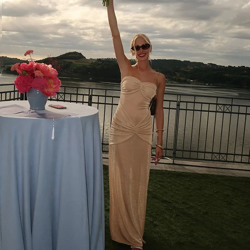 Metallic Strapless Ruched Twist Front Column Maxi Dress - View 18