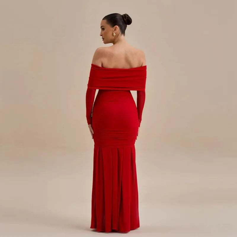 Off Shoulder Long Sleeve Rosette Mermaid Gown - View 4