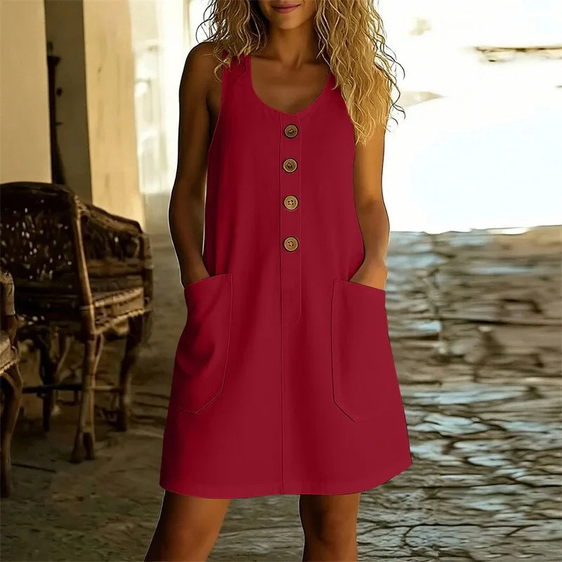 Scoop Neck Sleeveless Button Front Patch Pocket Mini Dress 7