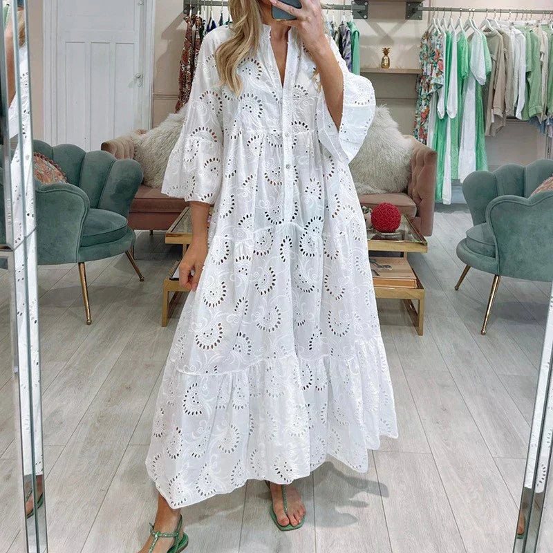 Lace Eyelet Bell Sleeve Button Front Tiered Ruffle Maxi Dress