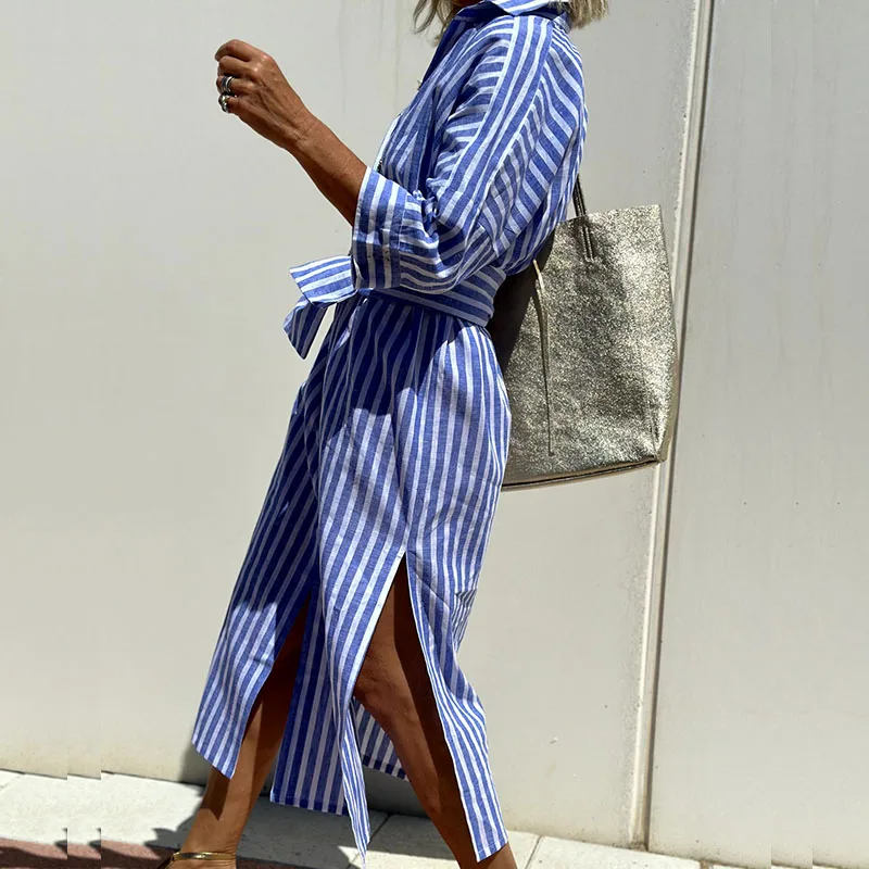Vertical Striped Collared Button Down Maxi Shirt Dress - View 4