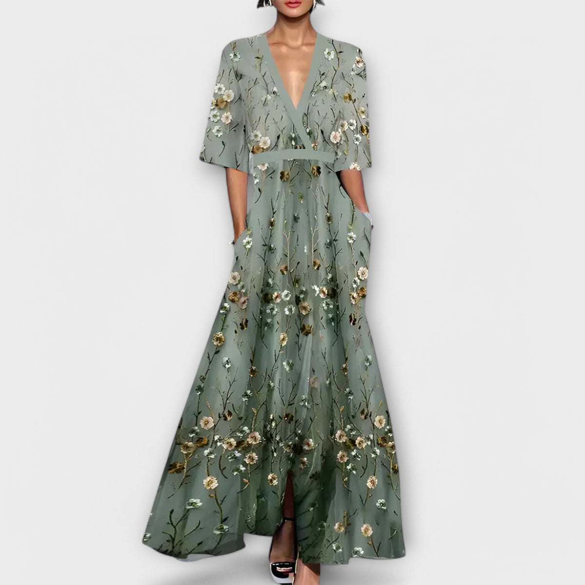 Deep V-Neck Half Sleeve Floral Embroidered Maxi Dress