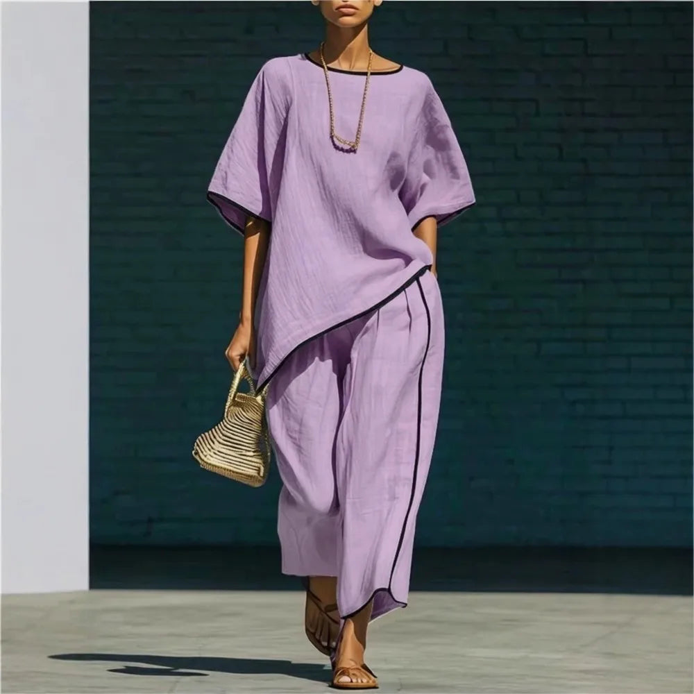 Short Sleeve Asymmetric Hem Top and Wide Leg Pants Two Piece Set 2