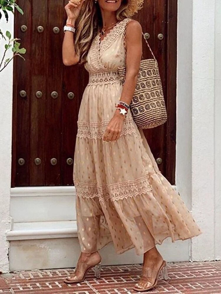 Crochet Lace Trim V-Neck Sleeveless Tiered Maxi Summer Dress - View 6