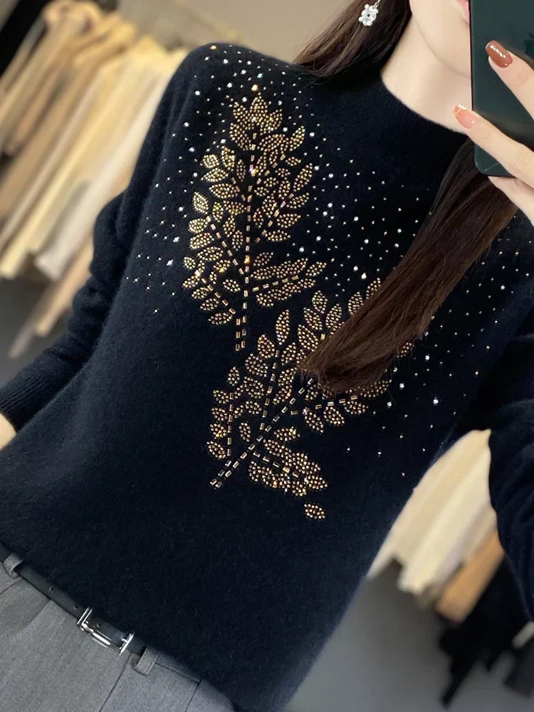 Mock Neck Long Sleeve Rhinestone Knit Sweater 11