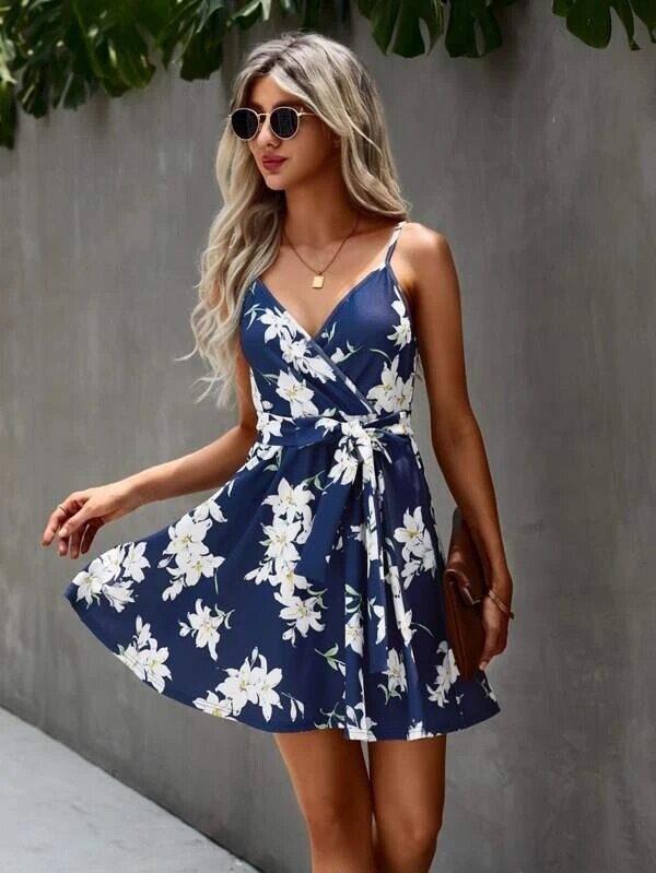 Floral Spaghetti Strap Surplice V-Neck Belted Skater Mini Dress 3