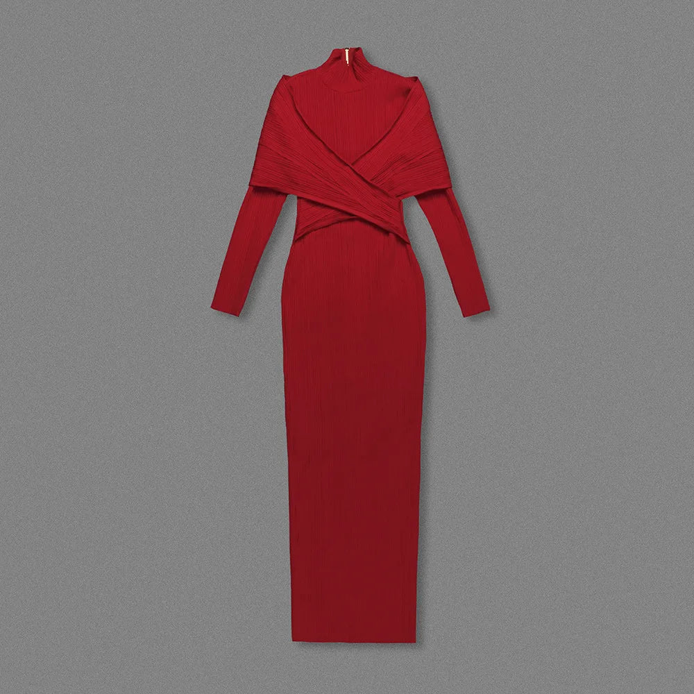 Ribbed Knit High Neck Long Sleeve Cross Wrap Bodycon Maxi Dress - View 6