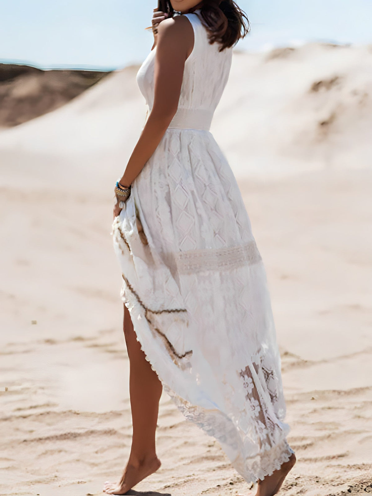 Lace Embroidered Deep V-Neck Tassel Crochet Panel Maxi Dress - View 6