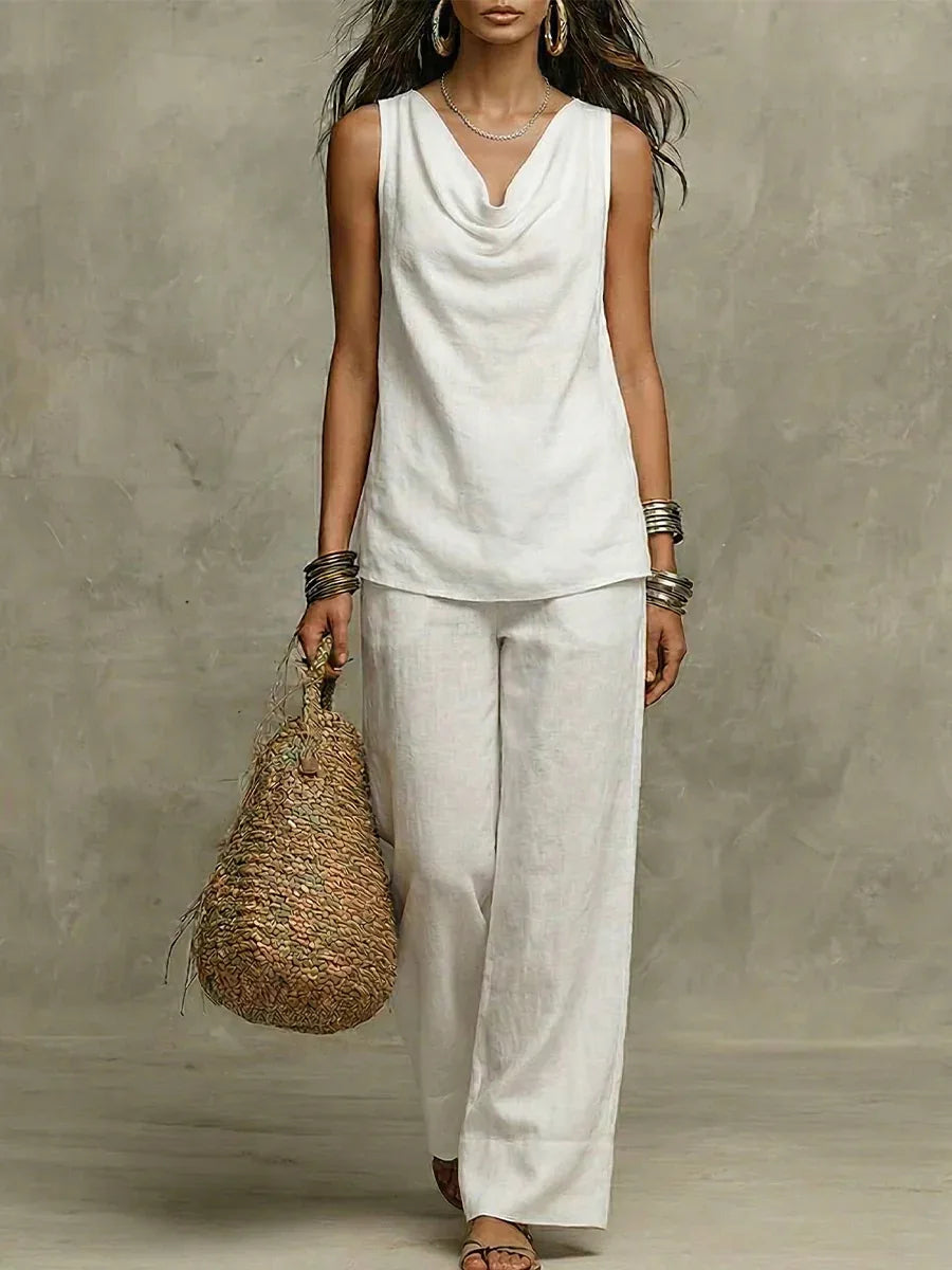 Cowl Neck Sleeveless Top and Wide Leg Pants Two Piece Set