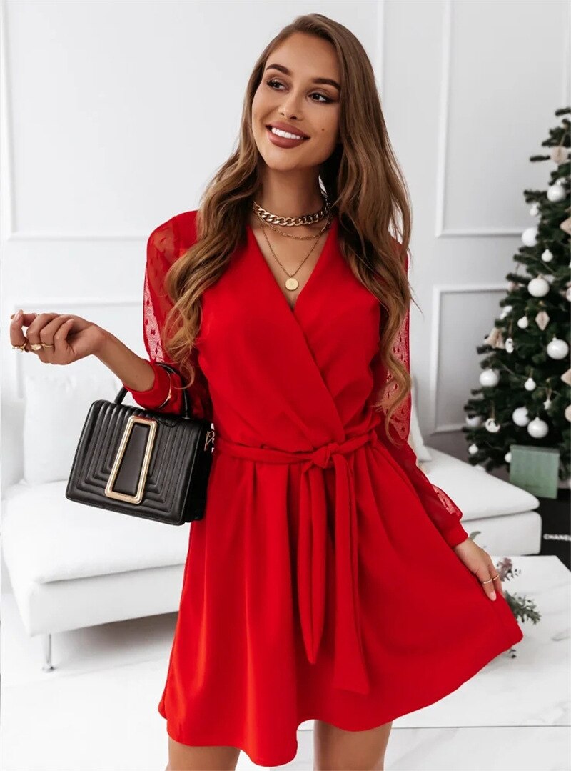 Mesh Long Sleeve Wrap Tie Waist Mini Party Dress