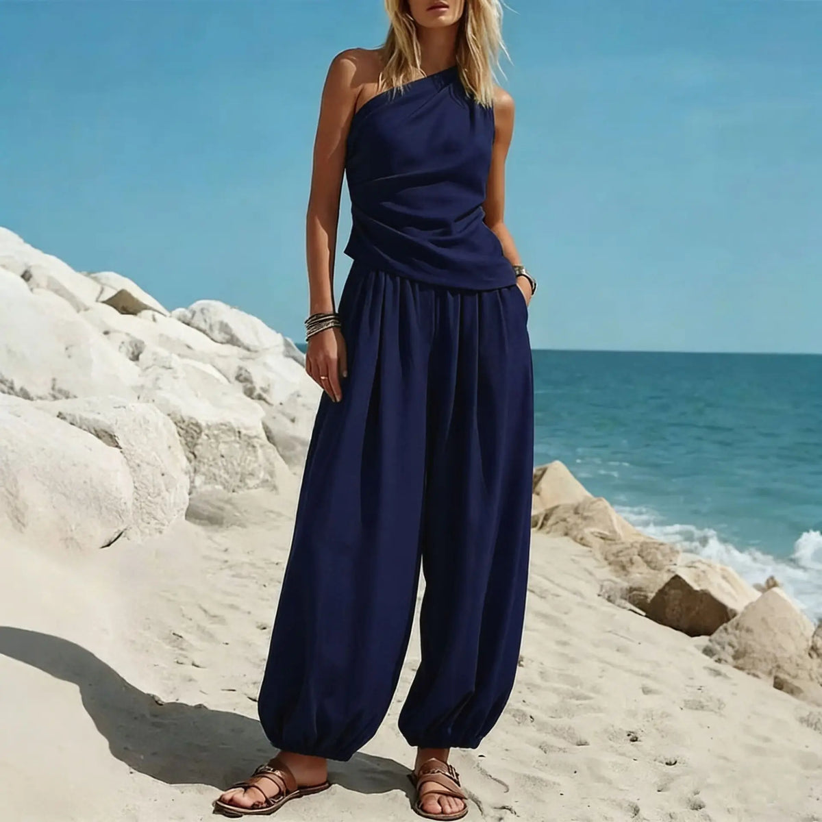 One Shoulder Ruched Top and Balloon Leg Pants Two Piece Set 5