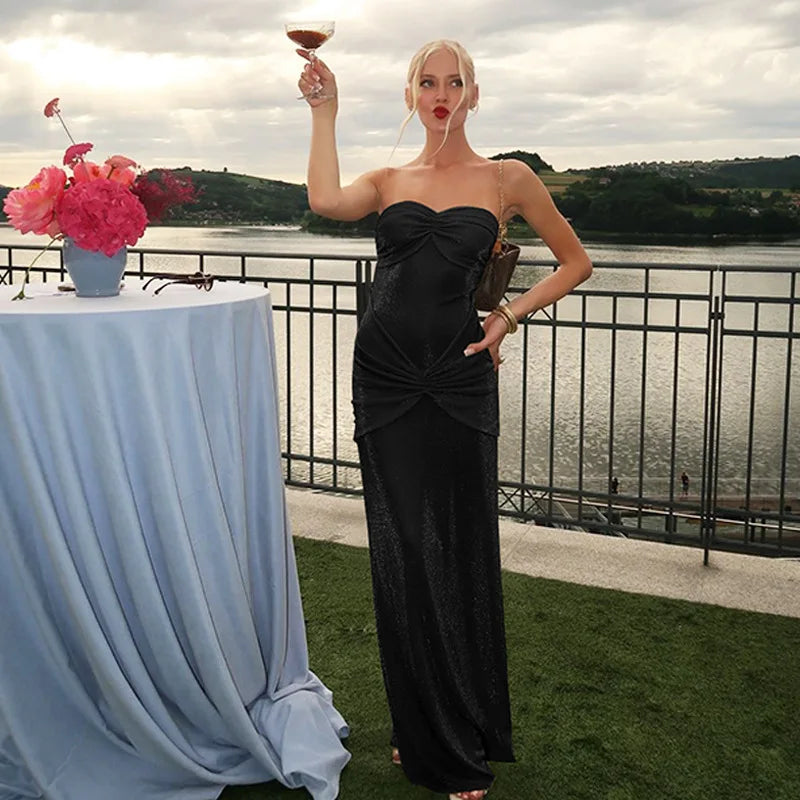 Metallic Strapless Ruched Twist Front Column Maxi Dress - View 19