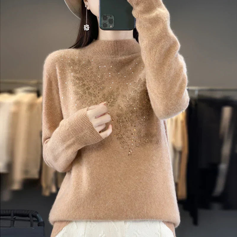 Mock Neck Long Sleeve Rhinestone Knit Sweater 5