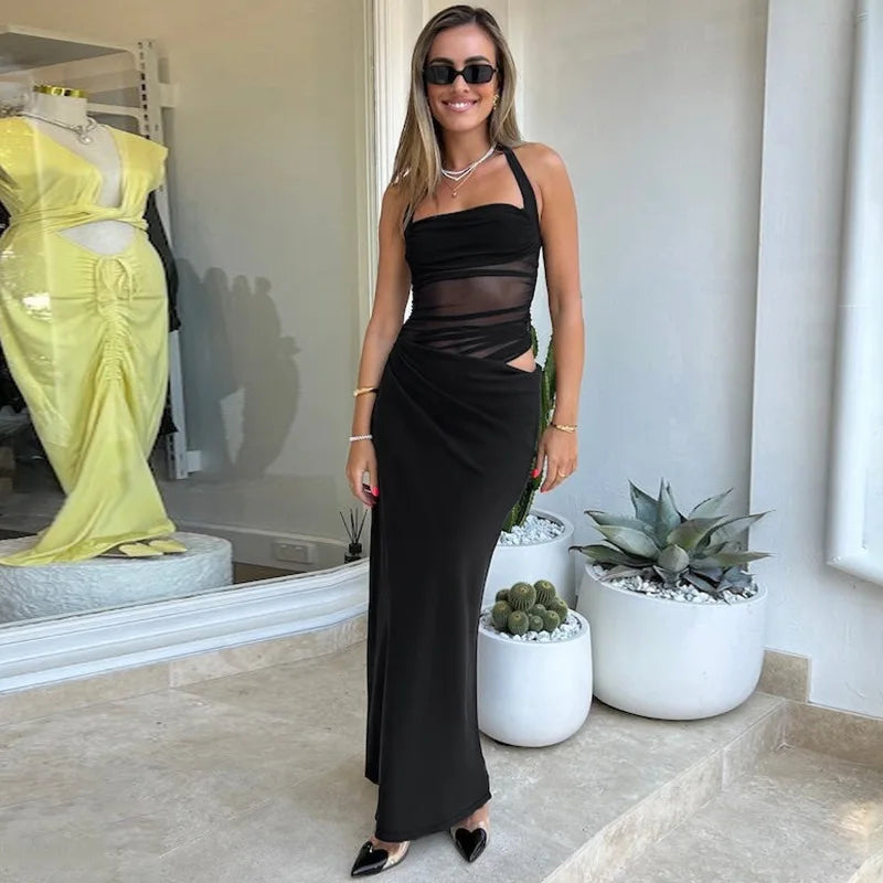 Mesh Halter Neck Backless Ruched Bodycon Maxi Dress - View 9