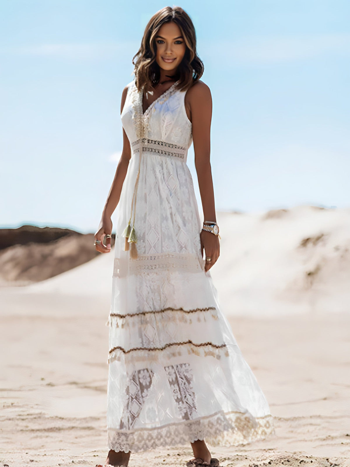 Lace Embroidered Deep V-Neck Tassel Crochet Panel Maxi Dress - View 8