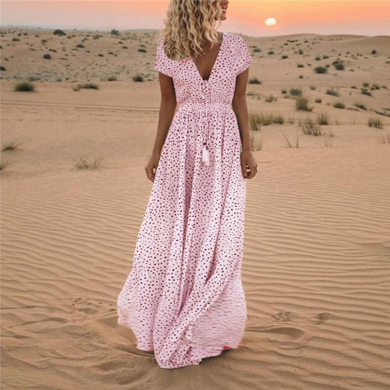 Short Sleeve Deep V-Neck Polka Dot Drawstring Waist Tassel Dress - View 12