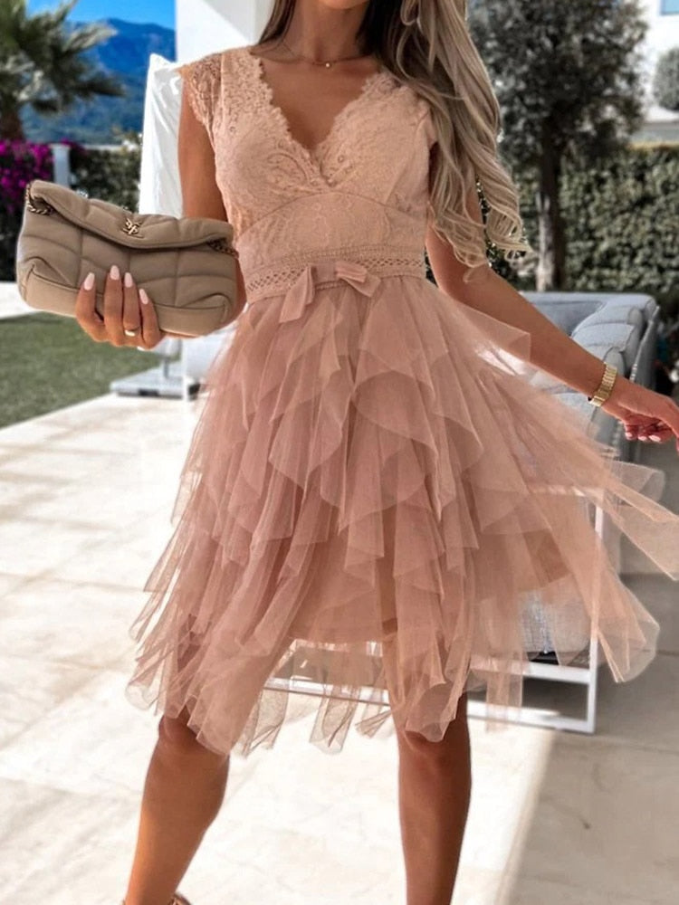 Lace Deep V-Neck Cap Sleeve Bow Waist Tiered Tulle Mini Dress - View 13