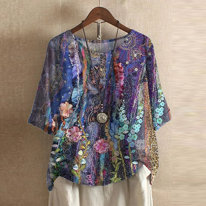 Round Neck Half Sleeve Floral Button Blouse 9