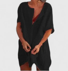 Button Front Short Sleeve Linen Look Shirt Dress 13