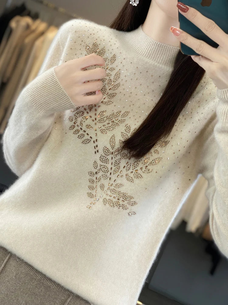 Mock Neck Long Sleeve Rhinestone Knit Sweater 7