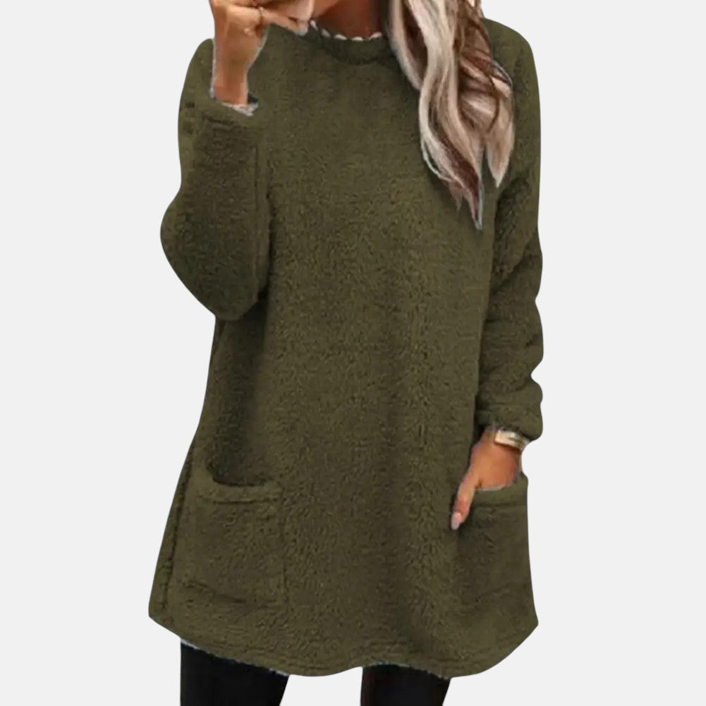 Round Neck Long Sleeve Pocket Fleece Tunic Top 8