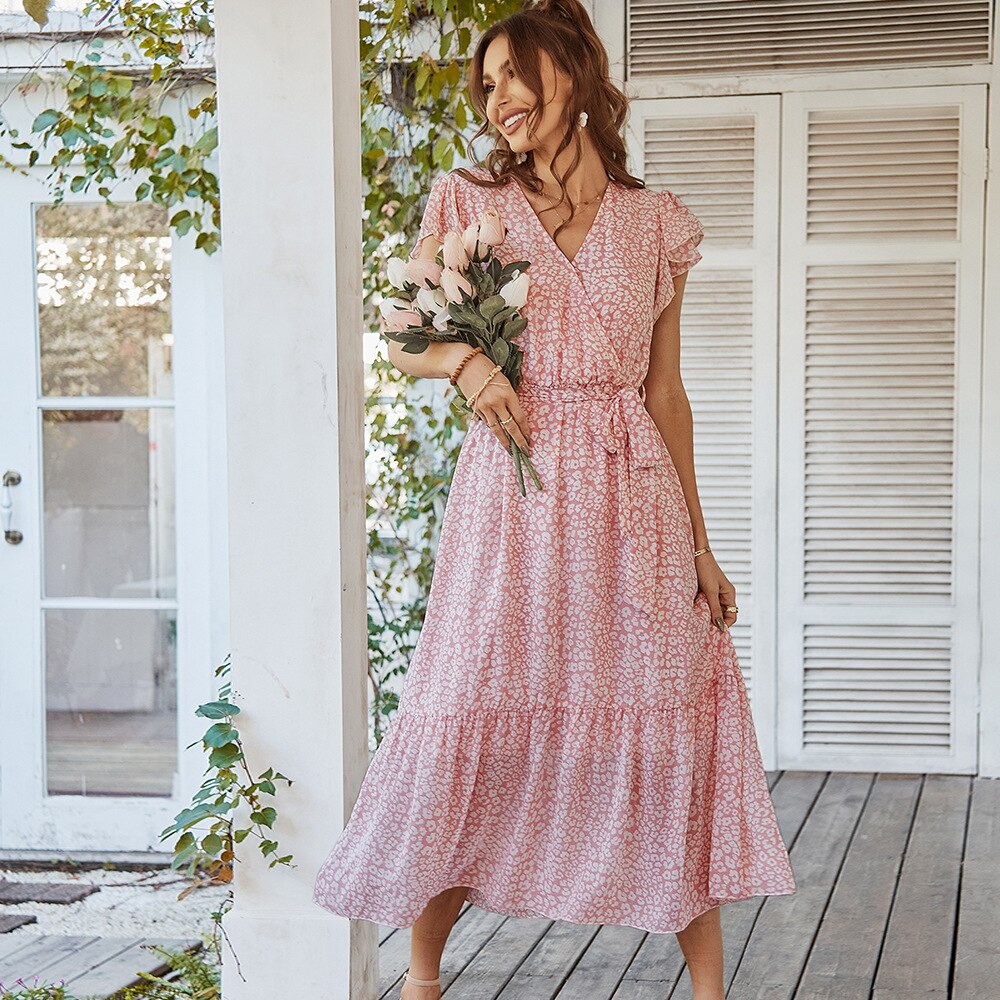 V-Neck Flutter Sleeve Leopard Print Tiered Maxi Dress 3