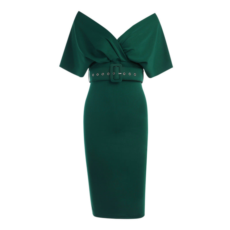Satin Deep V-Neck Batwing Sleeve Belted Bodycon Midi Dress 45