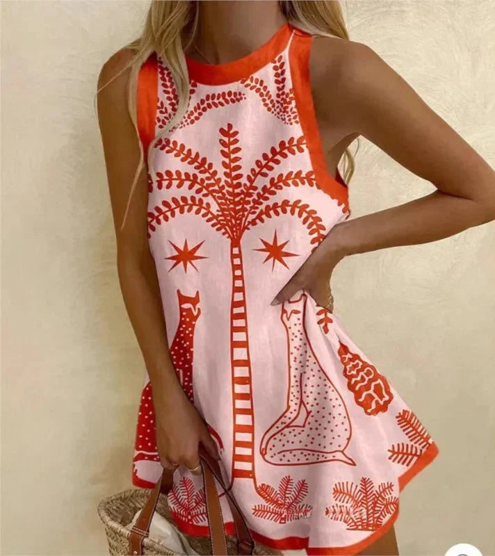 Palm Print Sleeveless A-Line Mini Dress