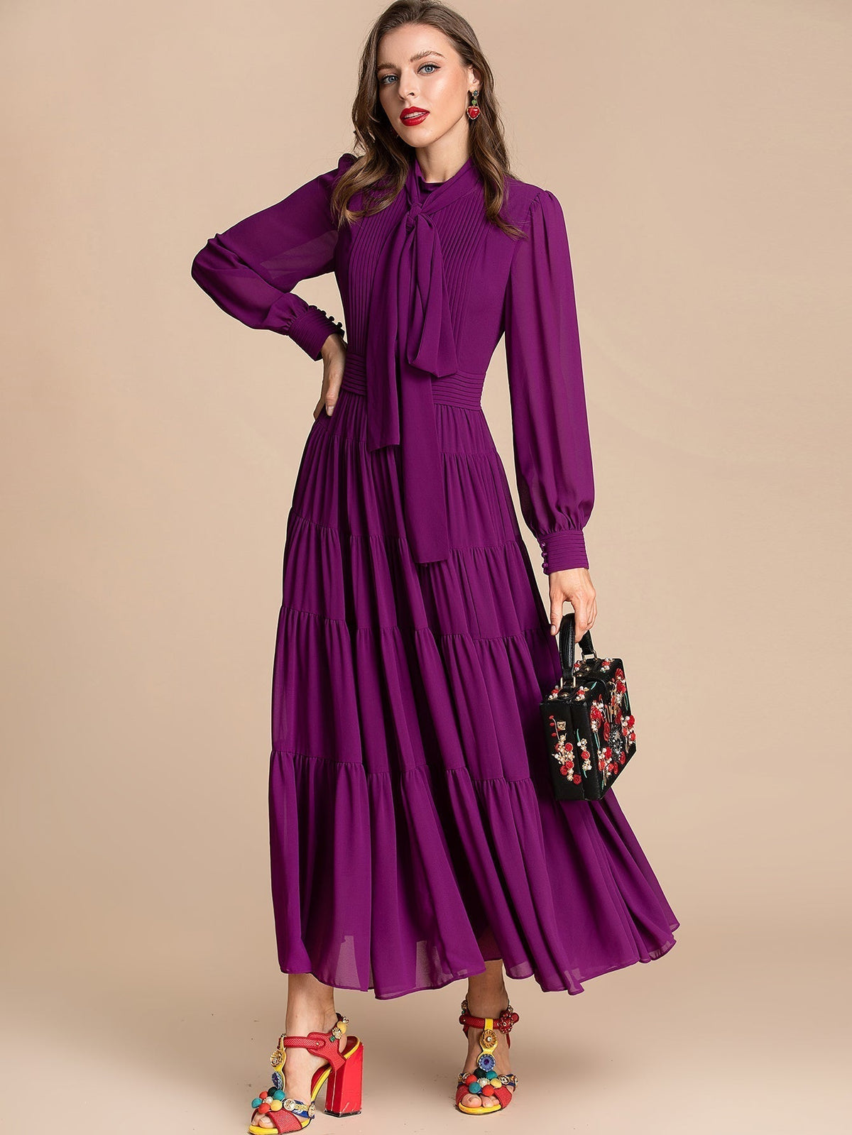 Tie Neck Long Sleeve Pintuck Tiered Maxi Dress
