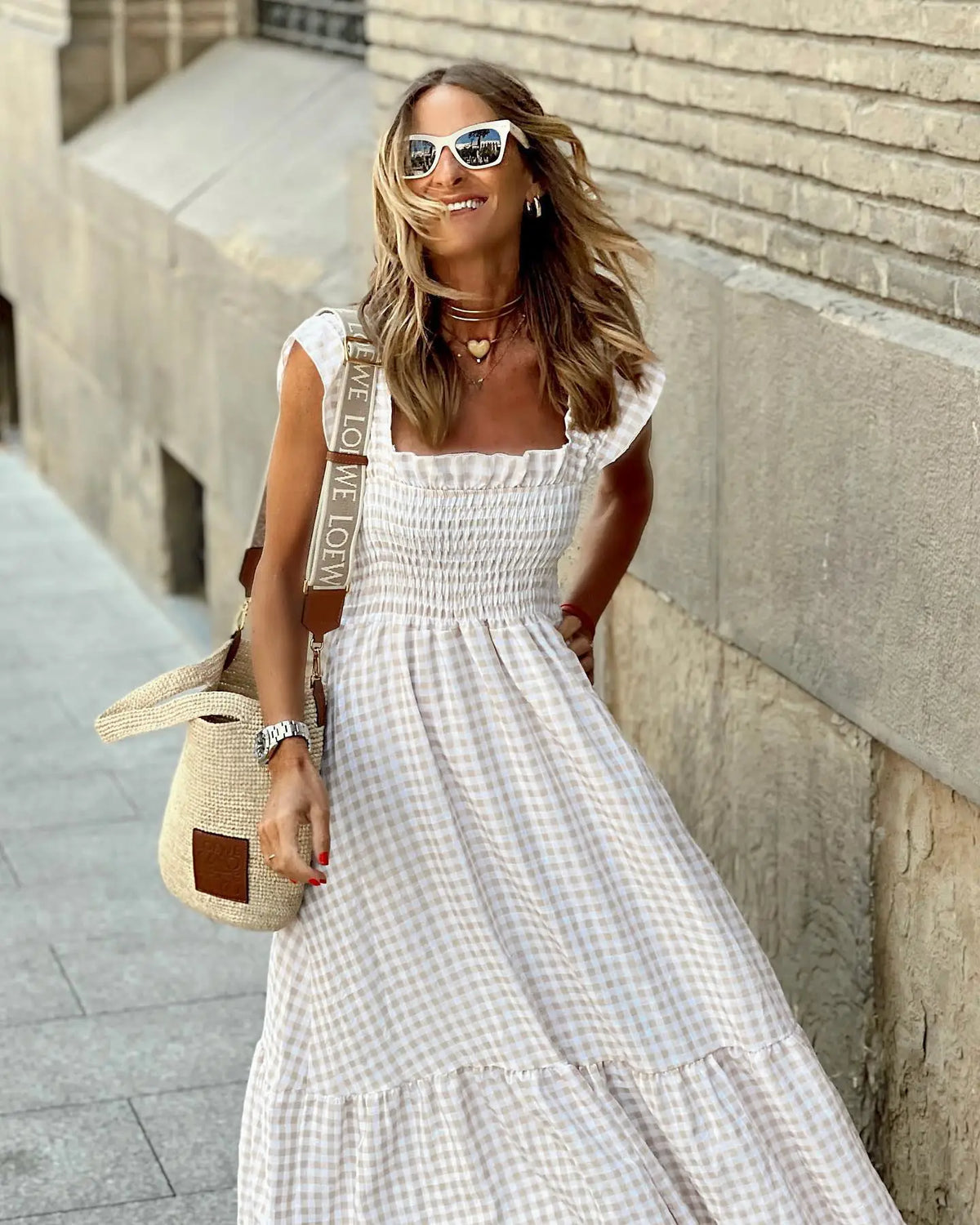 Gingham Square Neck Smocked Ruffle Strap Tiered Maxi Dress 2