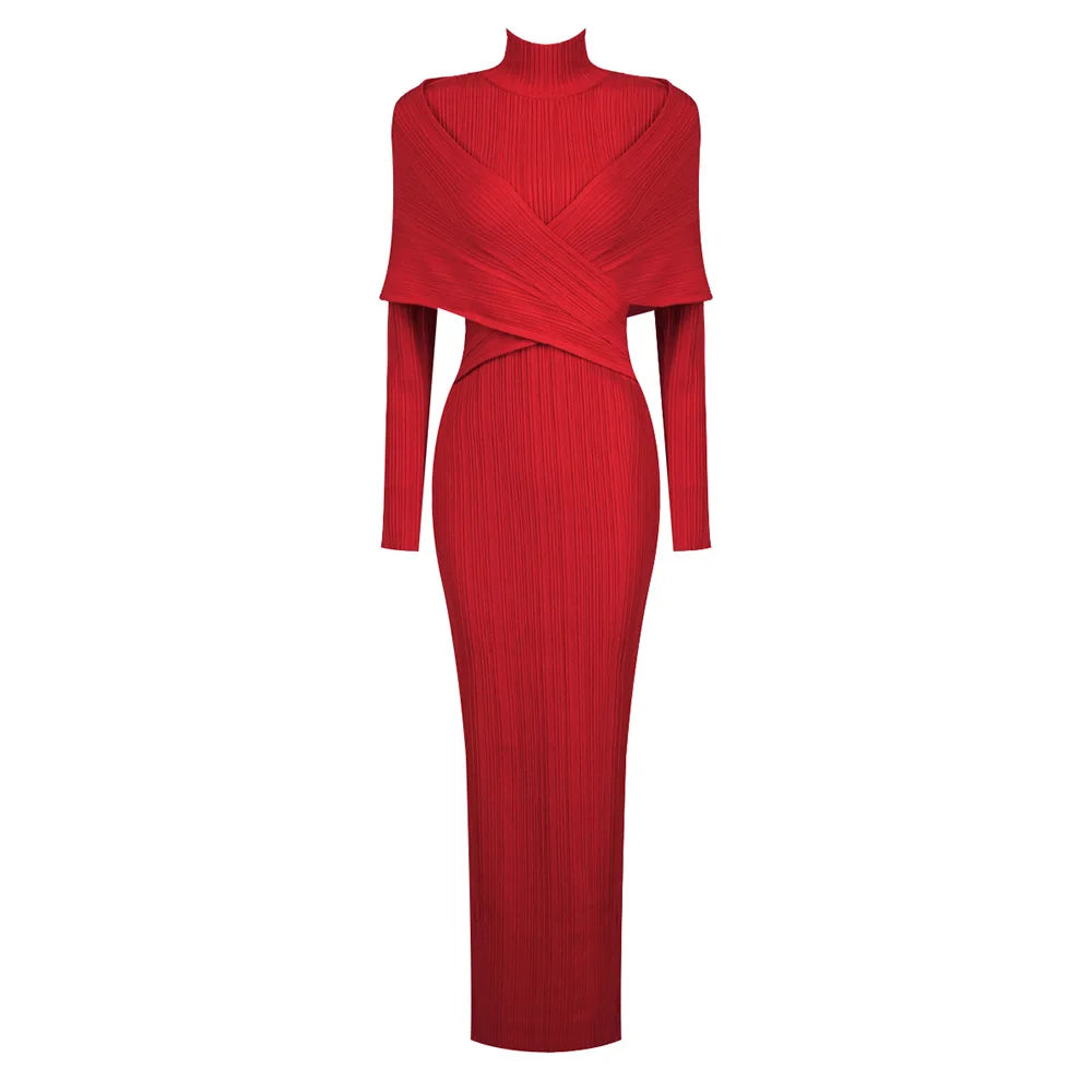 Ribbed Knit High Neck Long Sleeve Cross Wrap Bodycon Maxi Dress - View 5