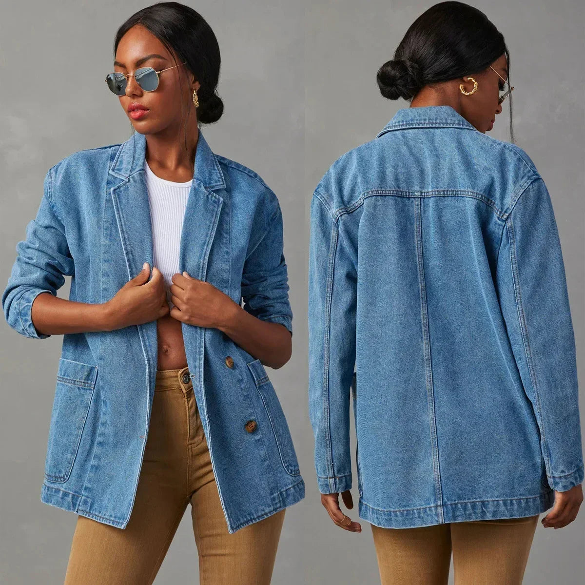 Notched Lapel Button Front Oversized Denim Jacket