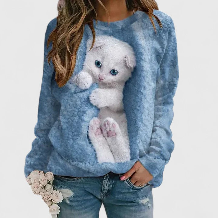Cat Print Crew Neck Long Sleeve Sweatshirt 2