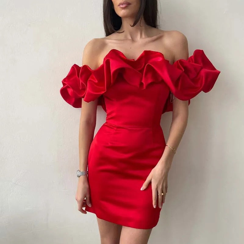 Off Shoulder Sculptural Ruffle Low Back Bodycon Cocktail Mini Dress - View 6