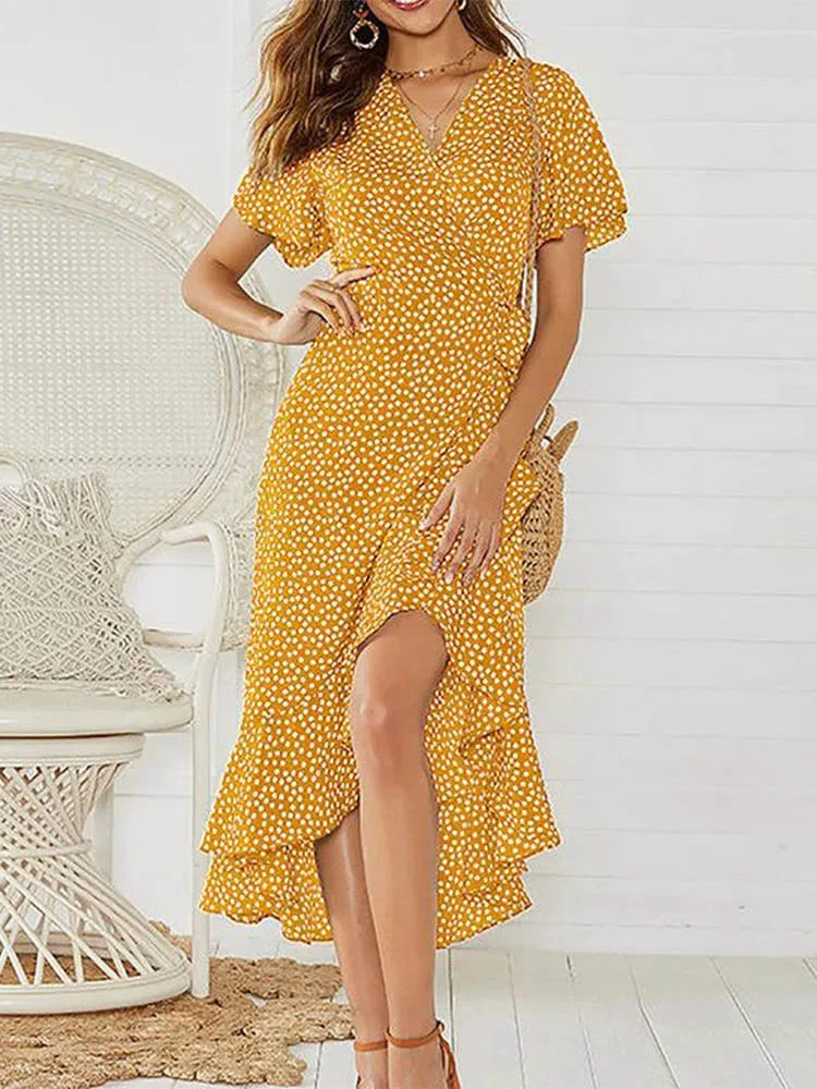 Floral Print Chiffon A-Line Short Sleeve Maxi Dress - View 3