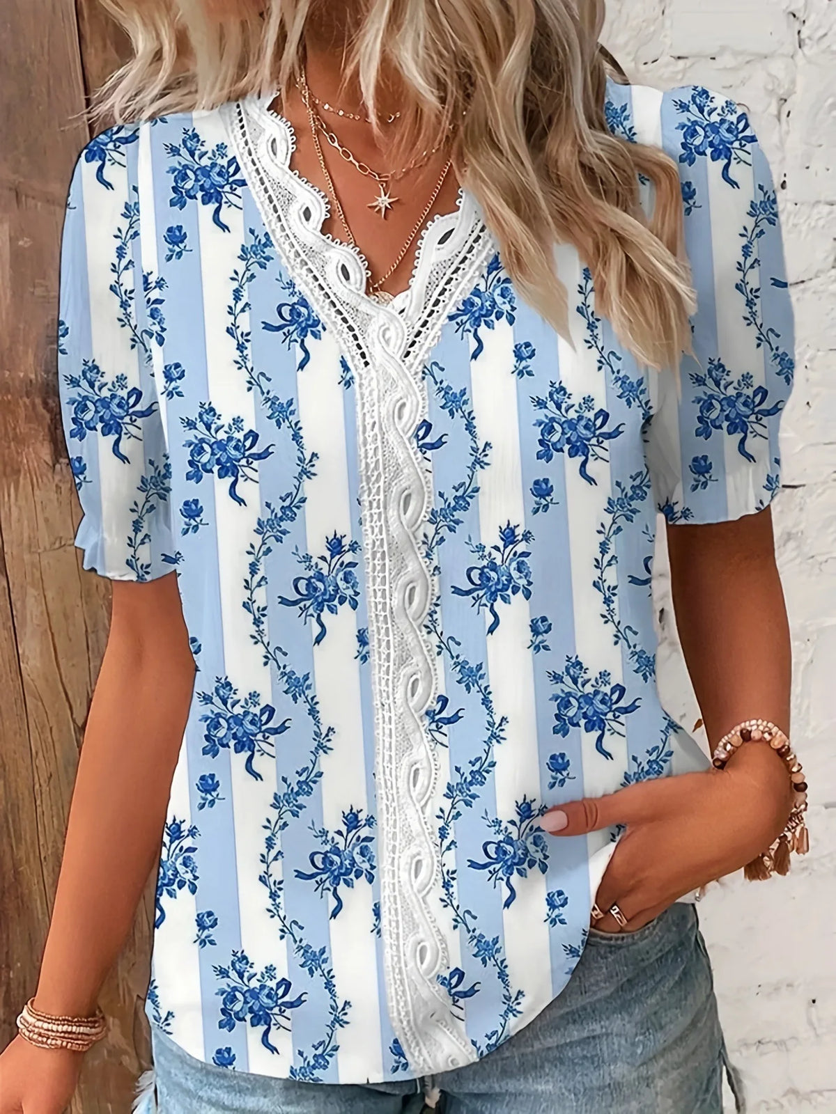 Leaf Print Lace Trim V-Neck Short Sleeve Blouse 5