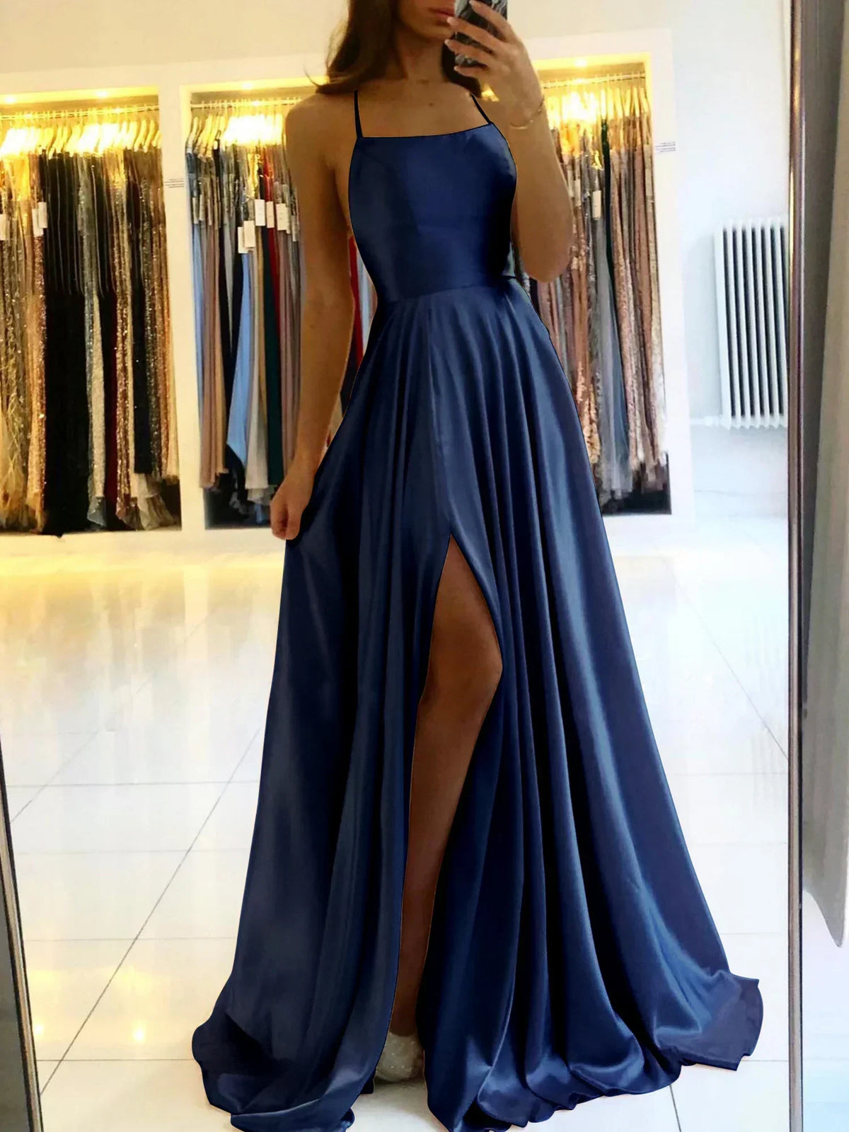 Satin Spaghetti Strap Square Neck High Split A-Line Maxi Prom Dress - View 10
