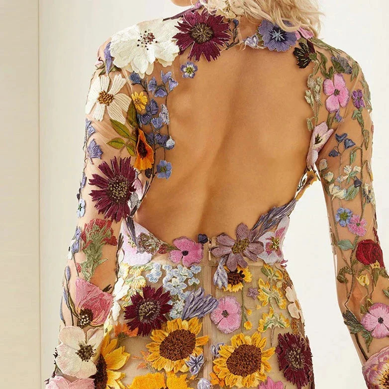 Mesh Floral Embroidered Long Sleeve High Neck Backless Cut Out Gown