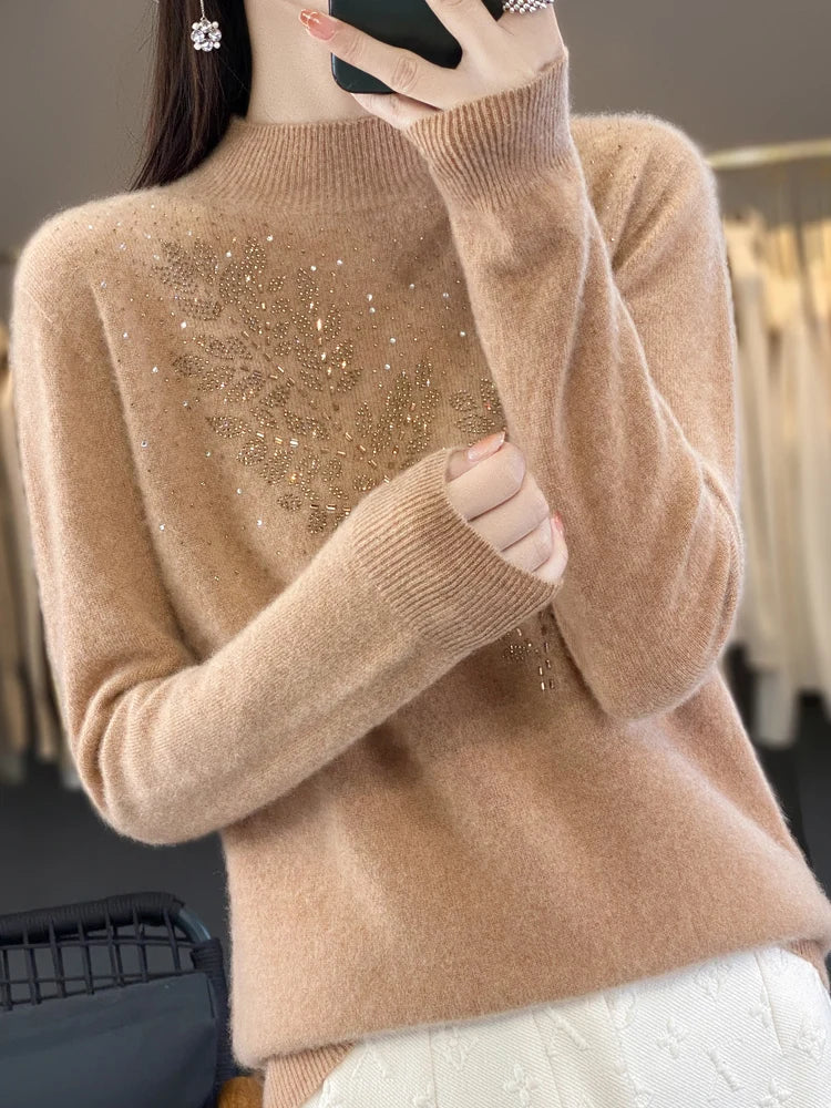 Mock Neck Long Sleeve Rhinestone Knit Sweater 9
