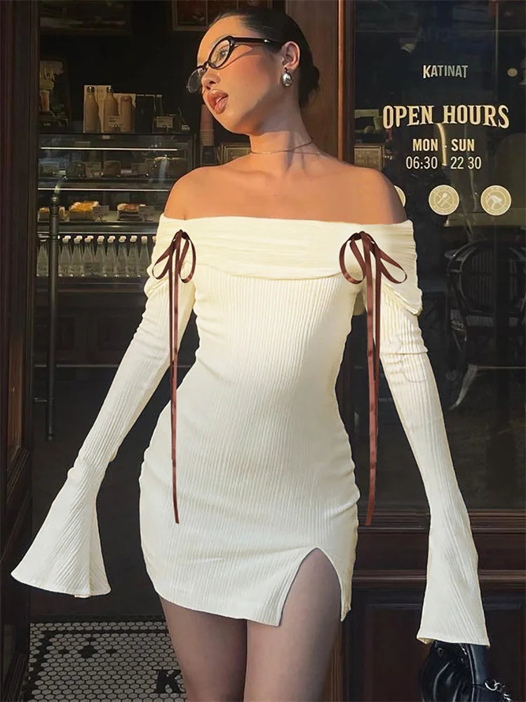 Knit Off Shoulder Long Sleeve High Split Bodycon Mini Dress - View 3