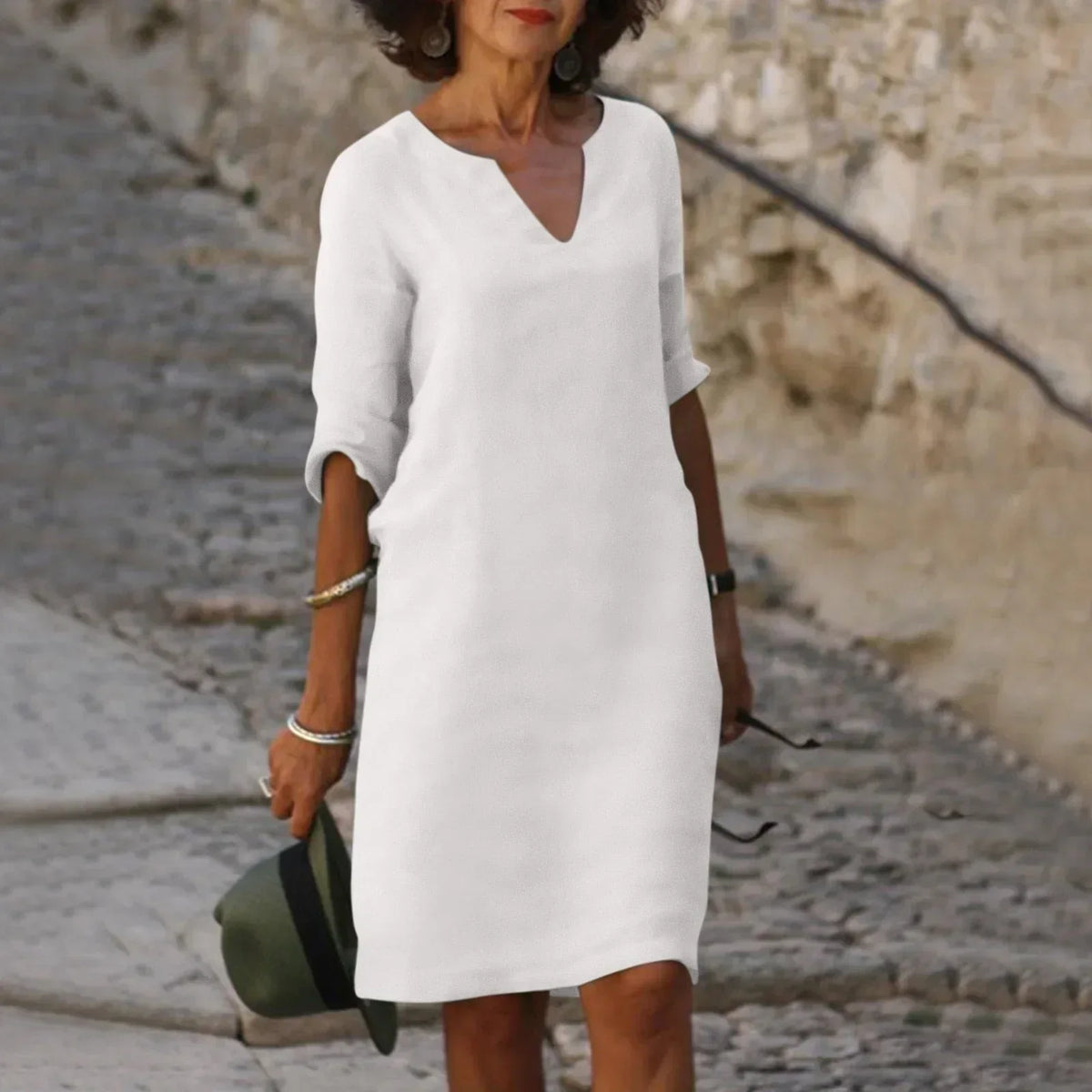 V-Neck Three Quarter Sleeve Relaxed Shift Knee Length Summer Dress - View 5