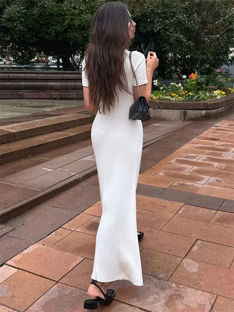 Ribbed Knit Polo Collar Short Sleeve Button Front Maxi Dress 4