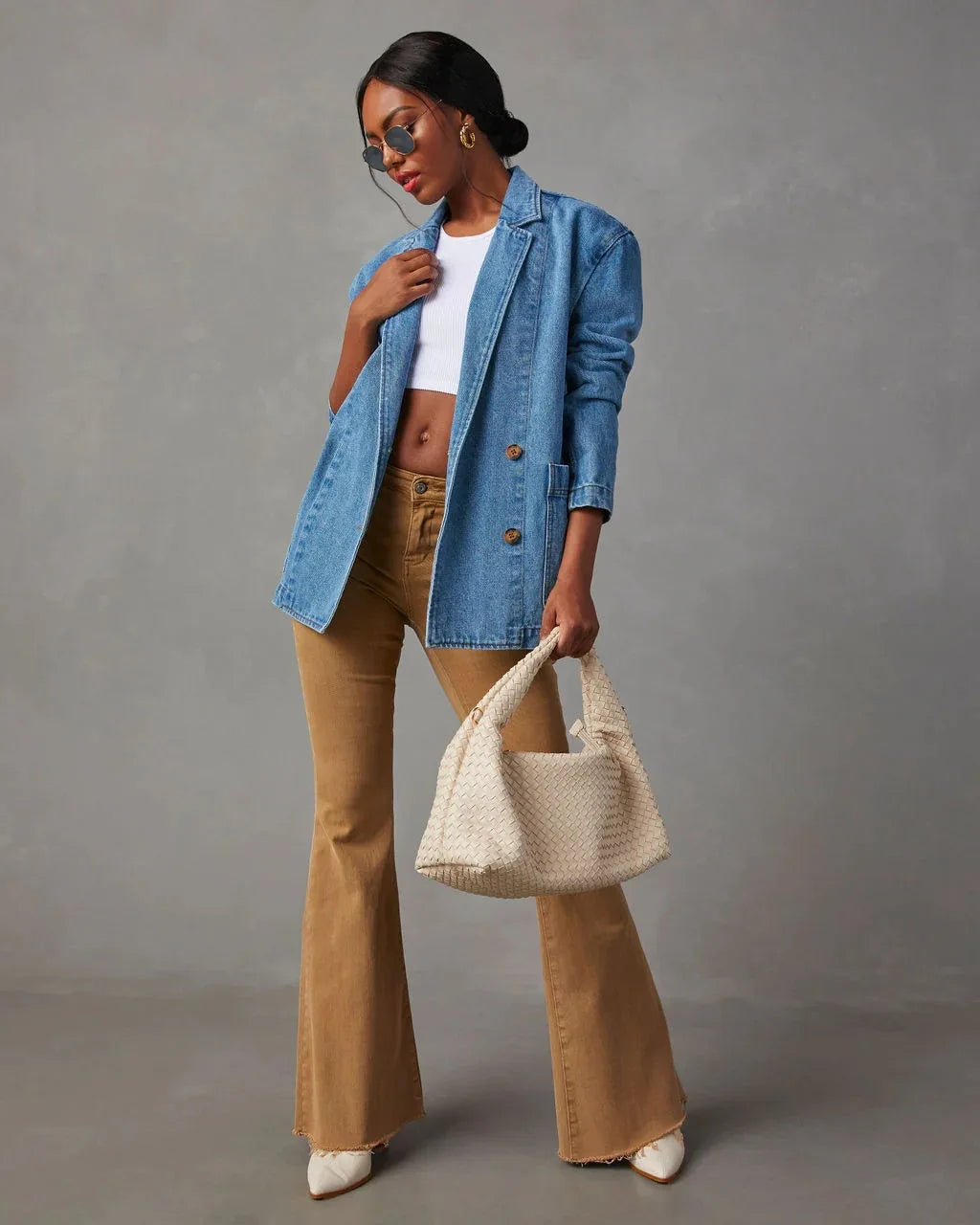 Notched Lapel Button Front Oversized Denim Jacket 2
